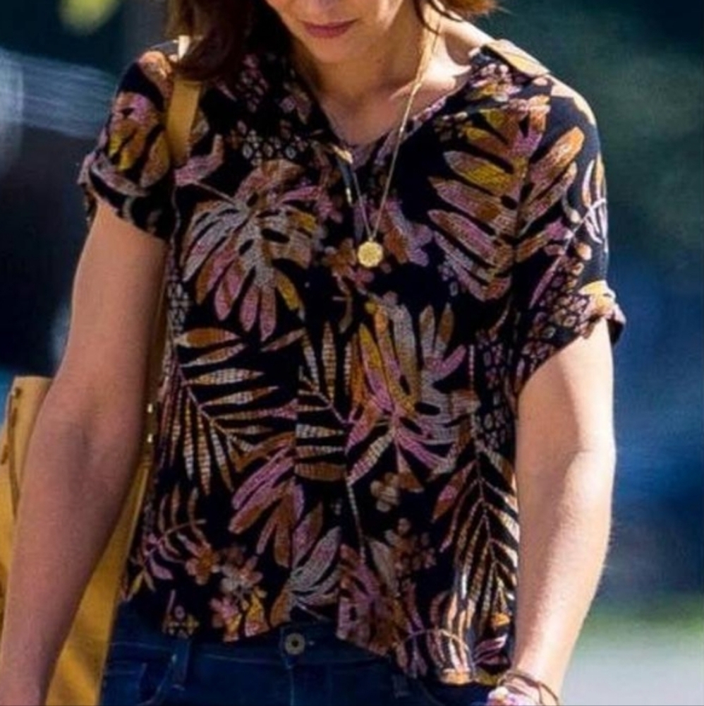 Anthropologie A New Day black and brown tropical print button front blouse - XL